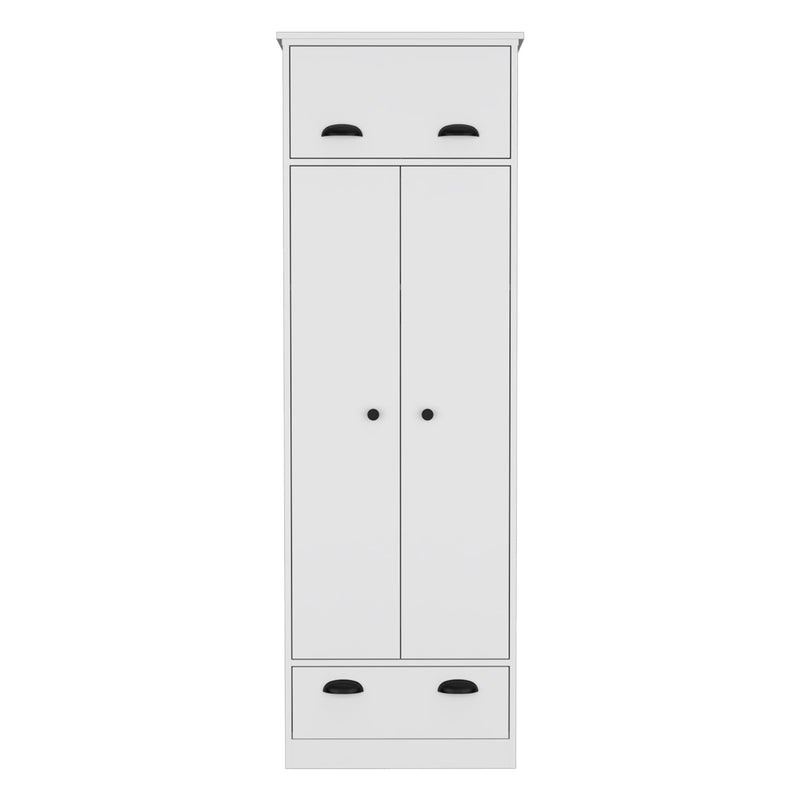 Dresser Closet With Upper Storage Covered With 1 Door, 2 Central Shelves, 1 Tube For Hanging Clothes Covered By 2 Doors, 1 Drawer At The Bottom - White