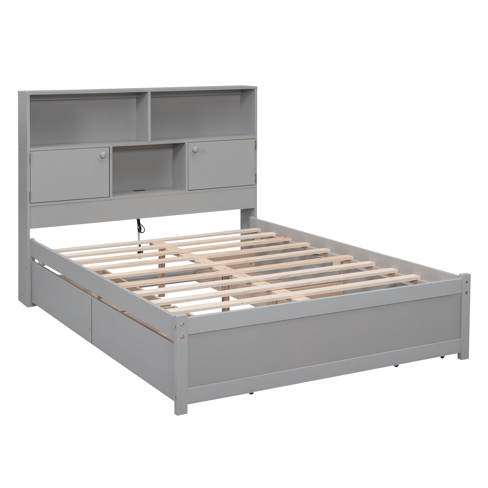 Full Size Platform Bed with Storage Headboard, Charging Station and 4 Drawers, Gray - Atlantic Fine Furniture Melbourne FL
