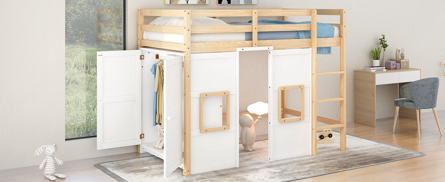 Wood Twin Size Loft Bed with Built-in Storage Wardrobe and 2 Windows, Natural/White - Atlantic Fine Furniture Melbourne FL