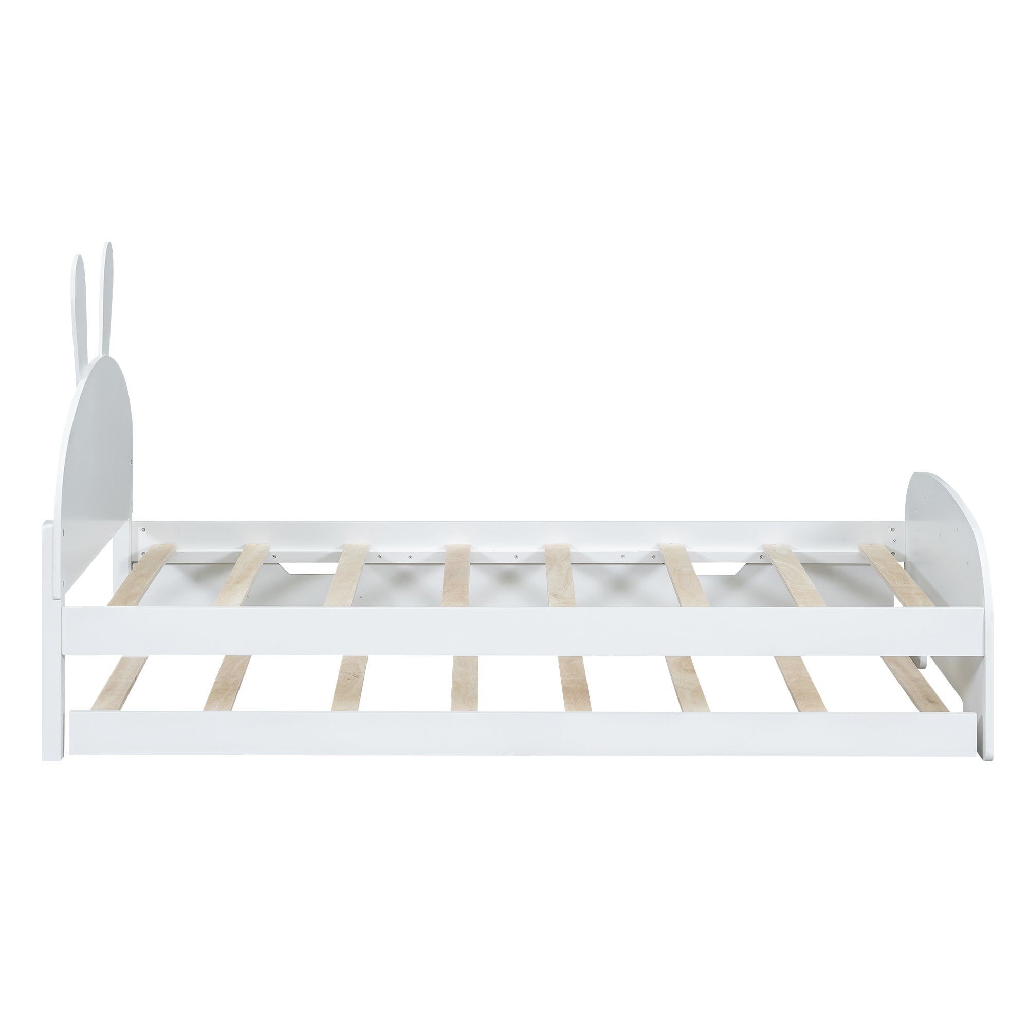 Wood Twin Size Platform Bed with Cartoon Ears Shaped Headboard and Trundle, White - Atlantic Fine Furniture Melbourne FL