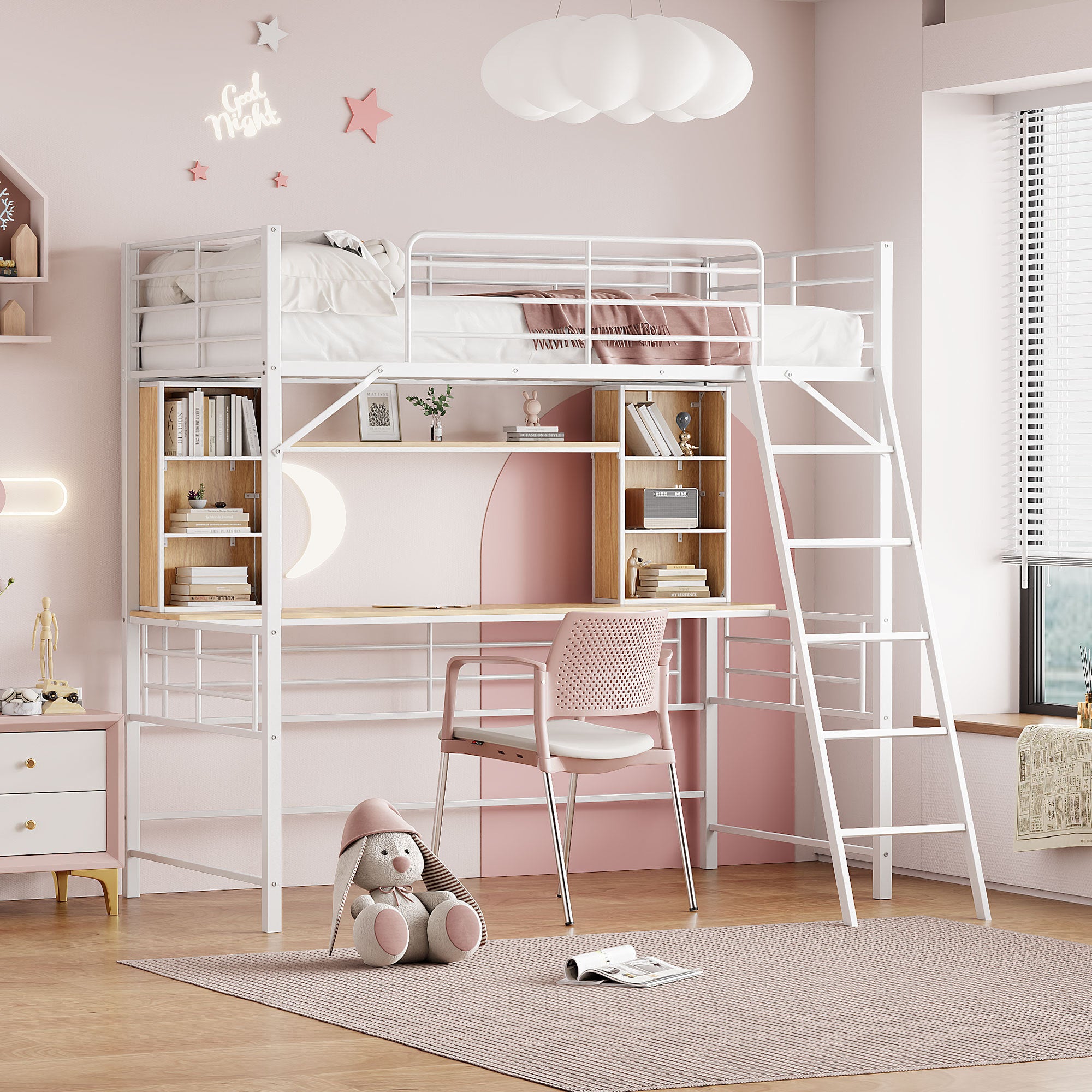 Twin Size Loft Bed with Desk and Shelf , Loft Bed with Ladder,Twin,White - Atlantic Fine Furniture Melbourne FL