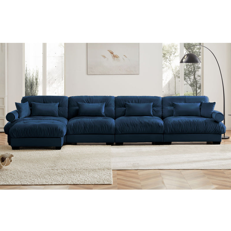 Modern Sectional Sofa With Ottoman, Round Bolster Armrests, Waist And Throw Pillows