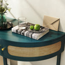 Boho Rattan Semi Circle End Table With Sliding Rattan Door, Storage And Bottom Shelf