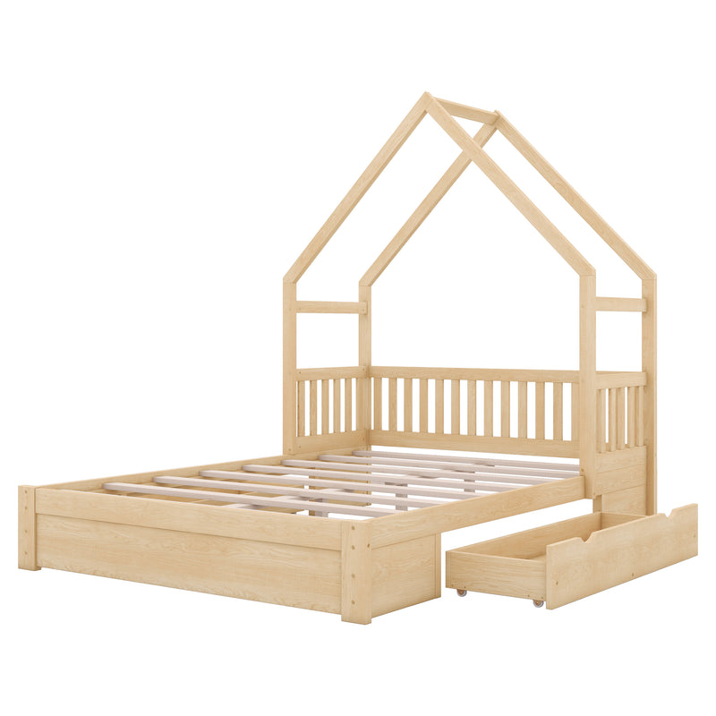 Wood Queen Size House Platform Bed with Guardrail and 2 Drawers, Natural (Expected Arrival Time:4.26)