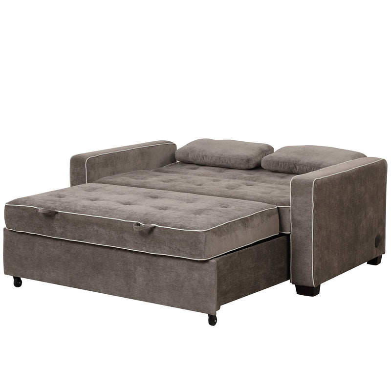 Upholstered Sleeper Bed, Pull Out Sofa Bed Couch Attached Two Throw Pillows, Dual USB Charging Port And Adjustable Backrest