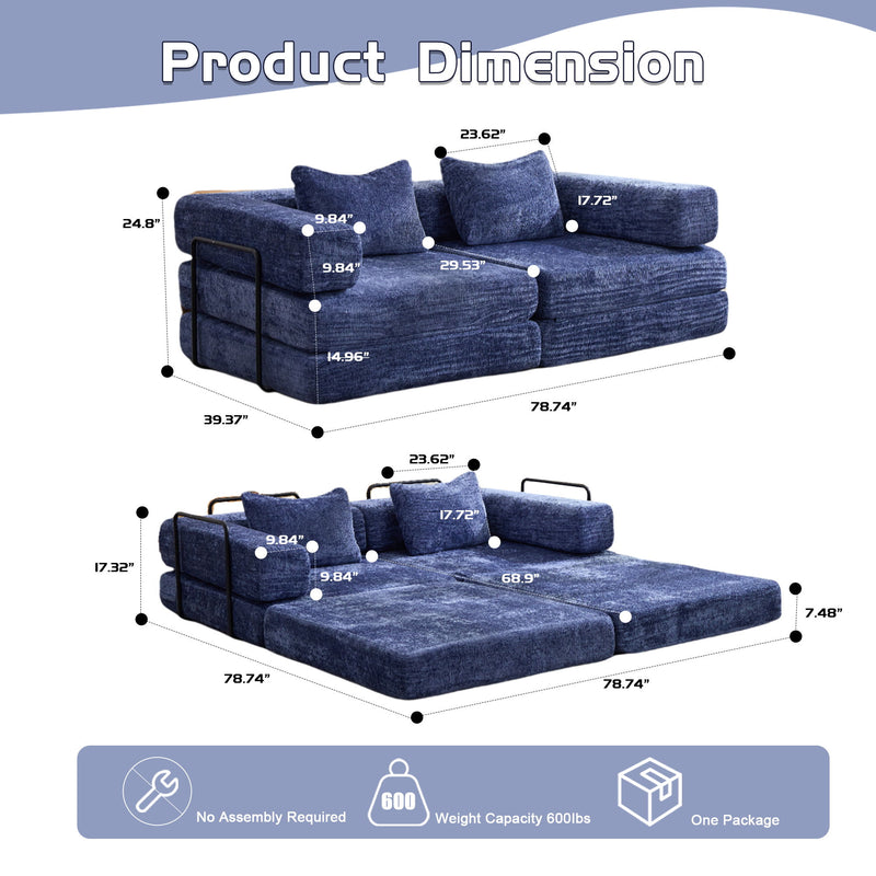 Convertible Floor Sofa Bed With Fixed Shape Frame, Loveseats Boneless Modular Sectional, For Living Room - Dark Blue
