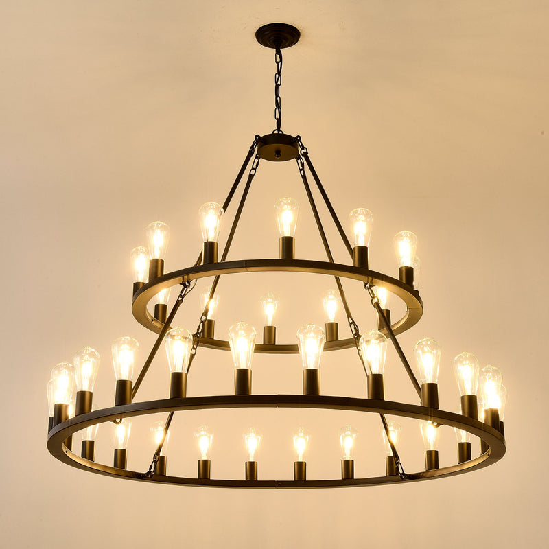 Extra Large Wagon Wheel Chandelier, 2 Tier 36 Lights (No Include) Farmhouse Industrial Round High Ceiling Pendant Light Adjustable Chain, For Dining Room, Living Room, Kitchen - Black