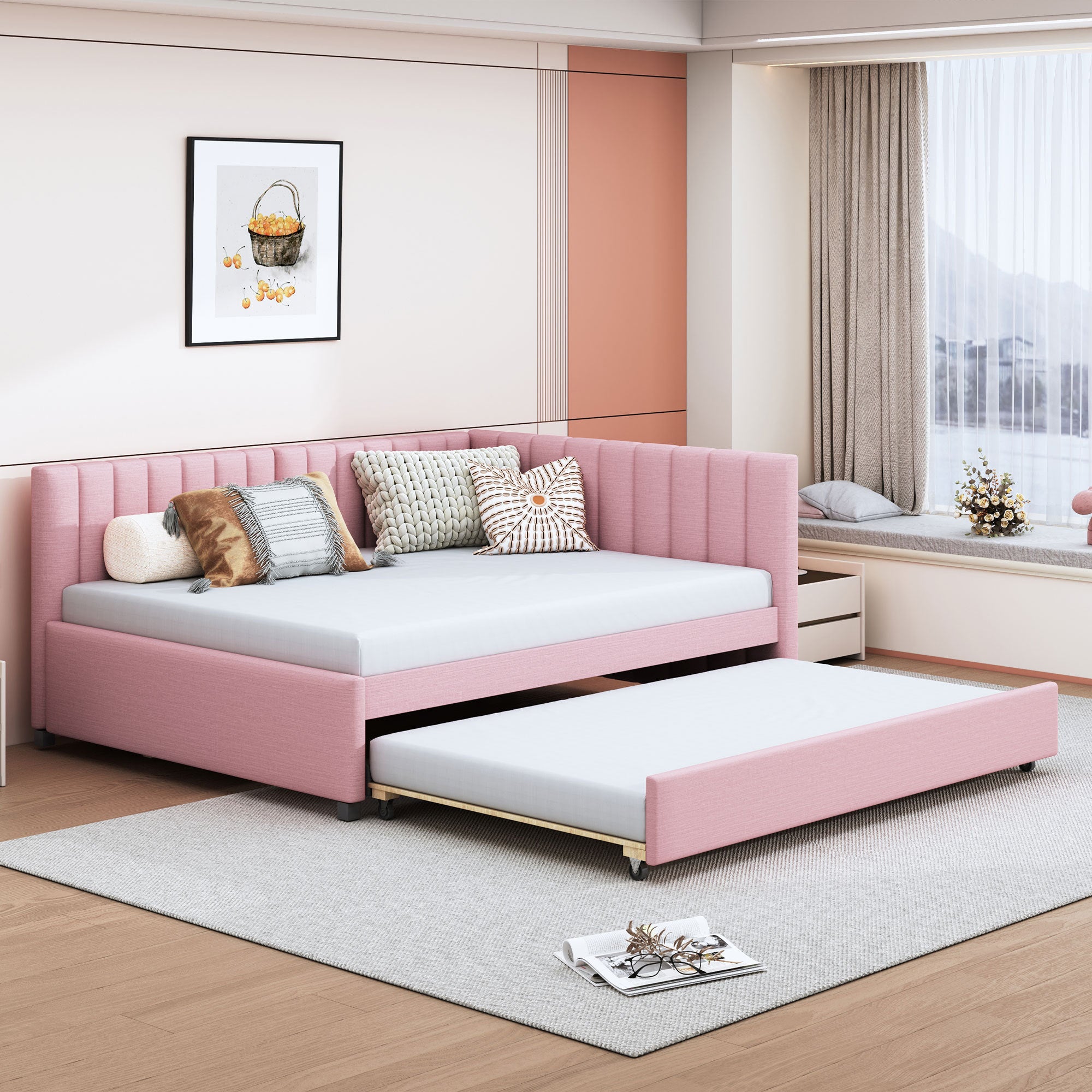Full Size Upholstered Daybed with Trundle Sofa Bed Frame No Box Spring Needed, Linen Fabric(Pink) - Atlantic Fine Furniture Melbourne FL
