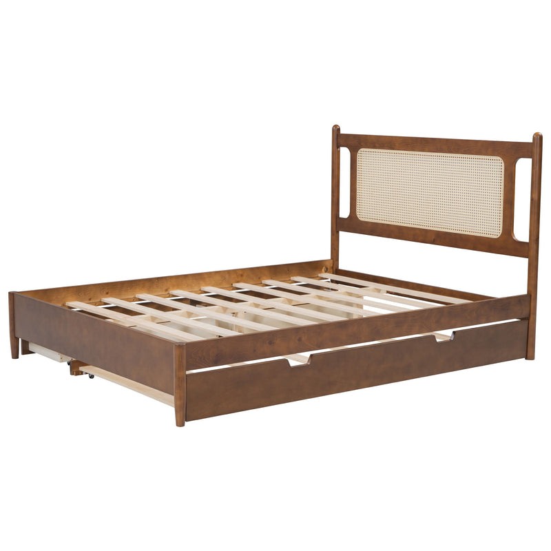 Wooden Rattan Platform Bed, With 2 Big Drawers & Trundle