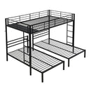 Modern Metal Triple Bunk Bed With Vertical Ladder, Safety Rail, And Storage Shelf - Black