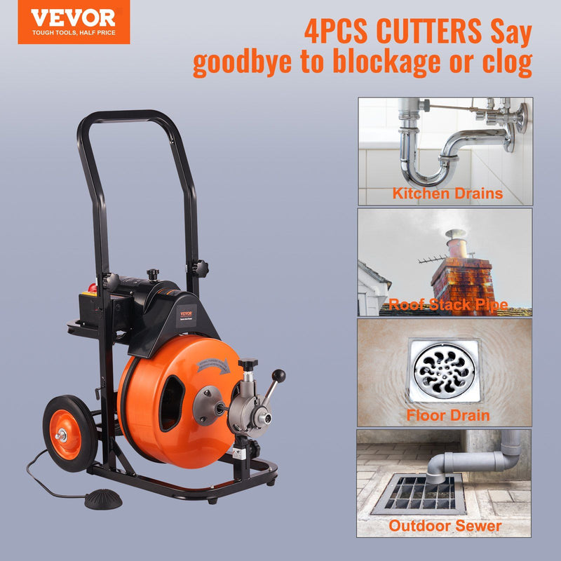 Drain Cleaning Machine 100Ft X 3/8" Auto Feed Sewer Snake - Orange