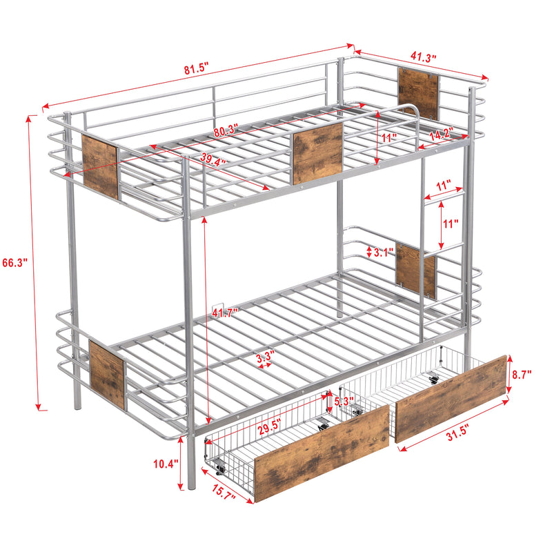 Twin XL over Twin XL Metal Bunk Bed with MDF Board Guardrail and Two Storage Drawers,Silver