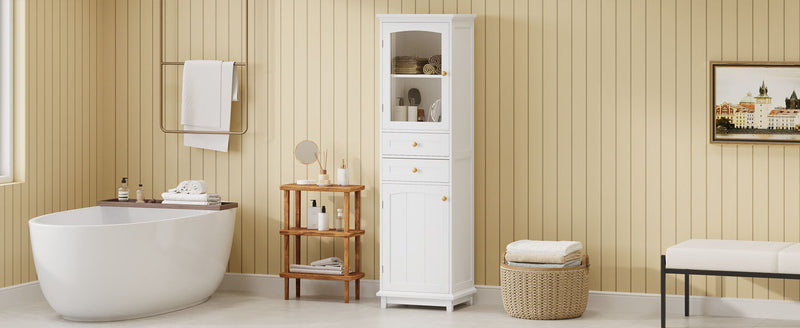 Tall Bathroom Storage Cabinet With Glass Doors, Free-Standing, Two Drawers, And Adjustable Shelves, MDF Board, Painted Perfect For Displaying Your Favorite Items