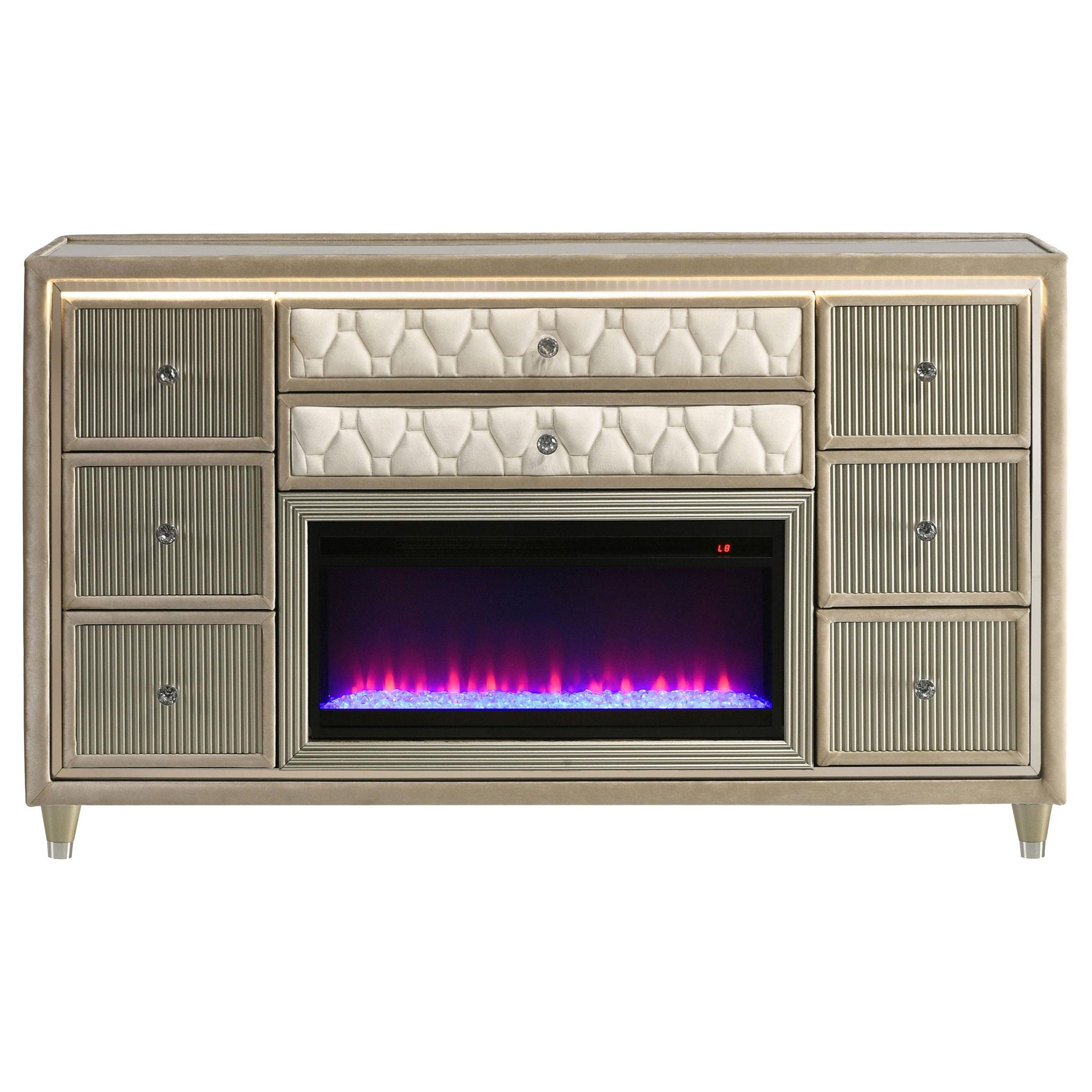 Lorient 8-drawer LED Bedroom Flame Box Dresser Ivory Camel