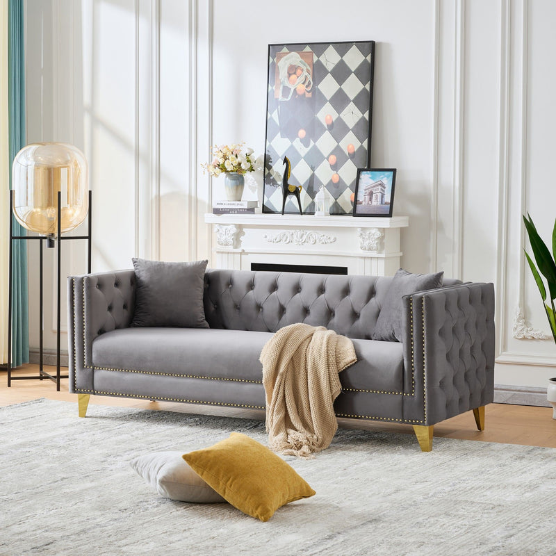 3 Seater Deep Seat Sofa, Sofa With Button Nailhead, Square Arm Couches, Furniture For Living Room - Gray