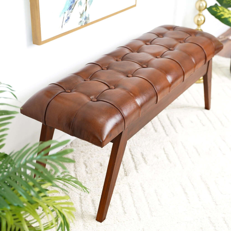 Maja - Mid-Century Modern Leather Bench - Cognac / Dark Brown