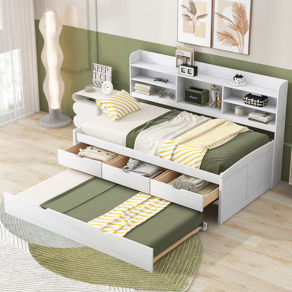 Twin Size Wooden Captain Bed with Built-in Bookshelves,Three Storage Drawers and Trundle, White Wash