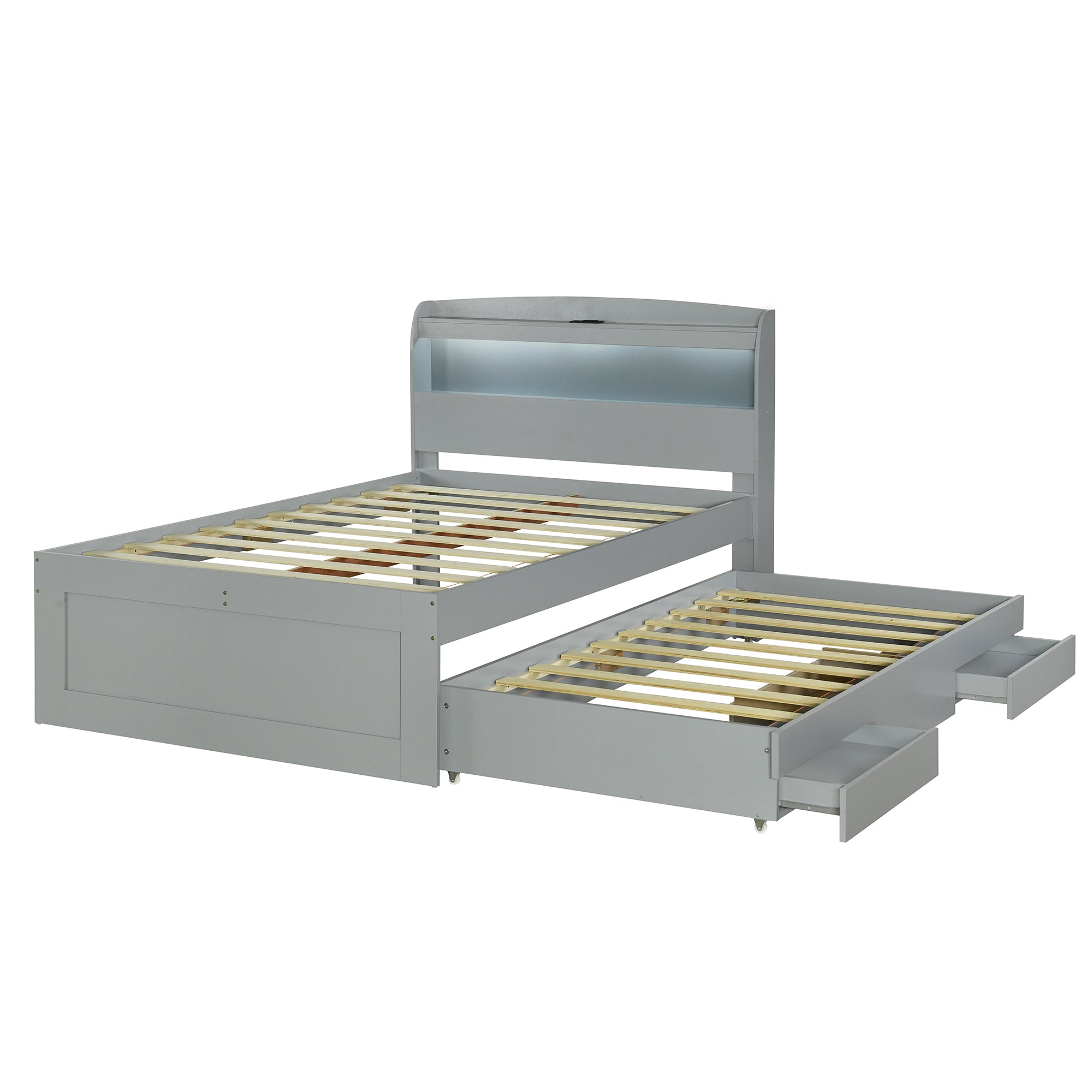 Full XL Size Platform Bed with Storage LED Headboard, Charging Station, Twin Size Trundle and 2 Drawers, Gray - Atlantic Fine Furniture Melbourne FL