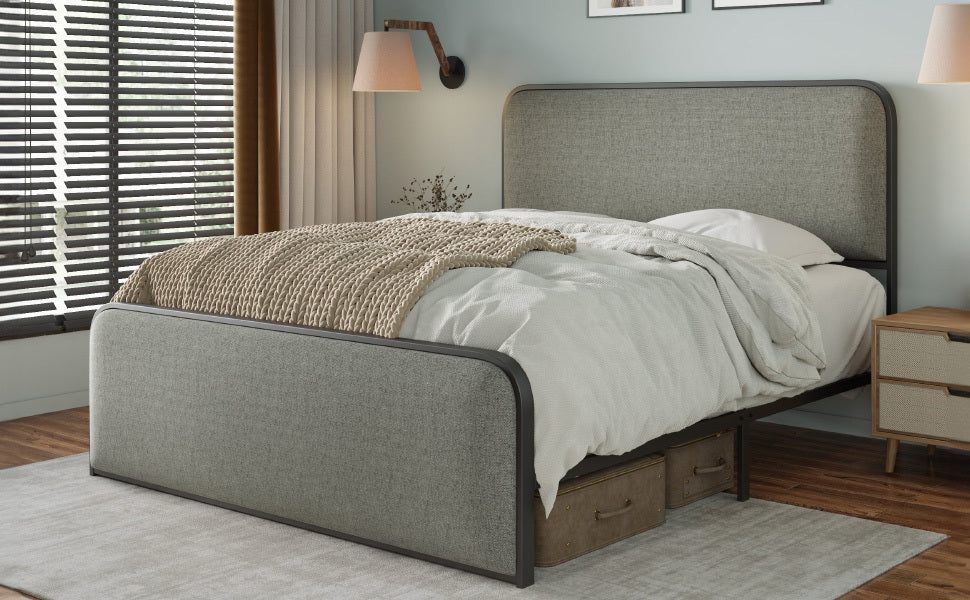 Modern Metal Bed Frame with Curved Upholstered Headboard and Footboard Bed with Under Bed Storage, Heavy Duty Metal Slats, Full Size, Grey - Atlantic Fine Furniture Melbourne FL