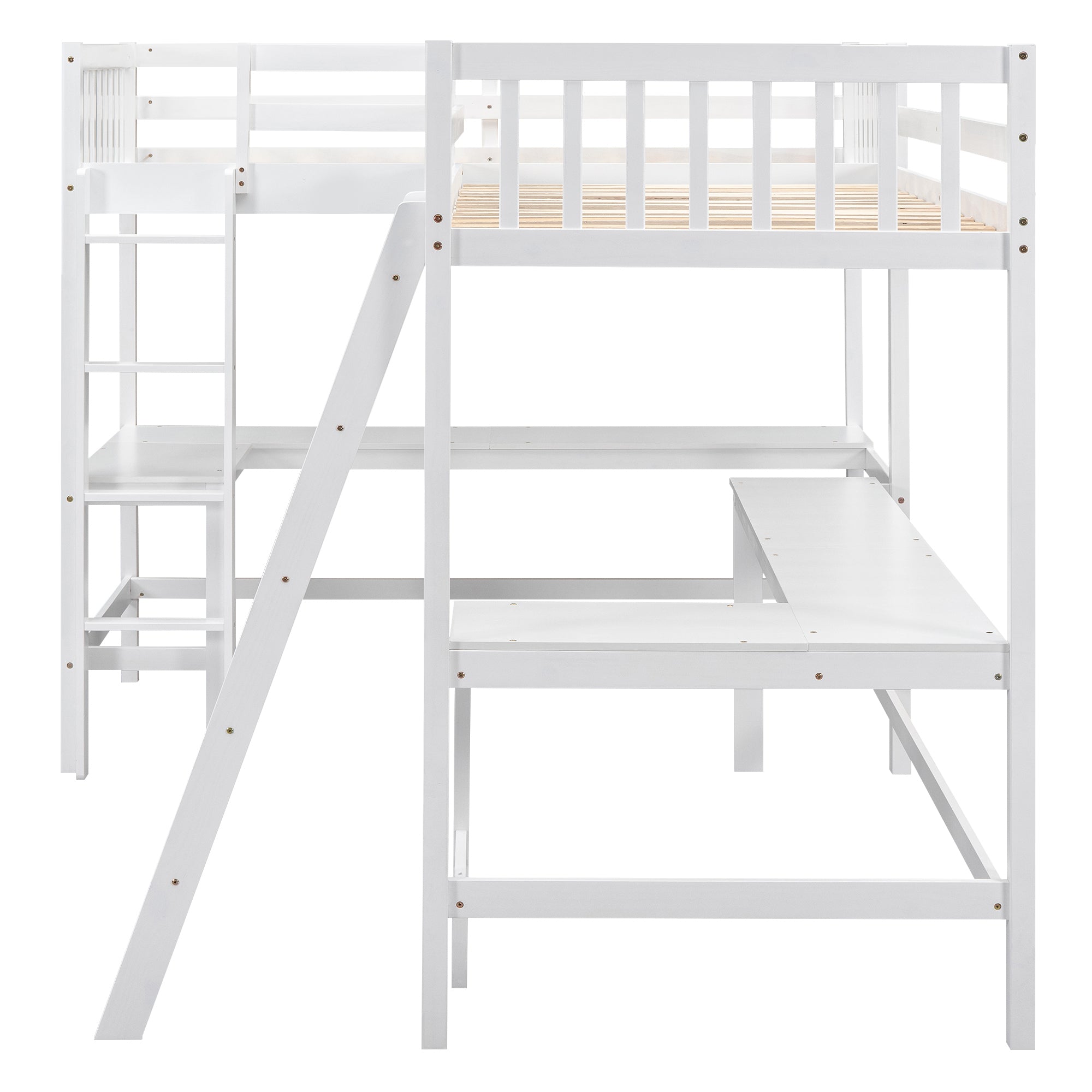 Wood Twin Size L-Shaped Loft Bed with Ladder and 2 Built-in L-Shaped Desks, White - Atlantic Fine Furniture Melbourne FL