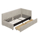 L-Shape Corner Bed, Corduroy Upholstered Daybed With 2 Storage Drawers And Vertical Striped Design