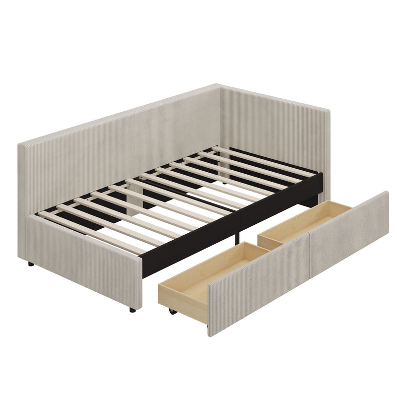 L-Shape Corner Bed, Corduroy Upholstered Daybed With 2 Storage Drawers And Vertical Striped Design