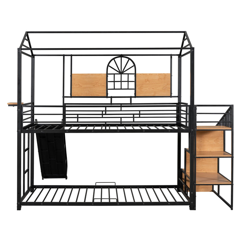 Metal Bunk Bed, Metal Housebed With Slide And Storage Stair