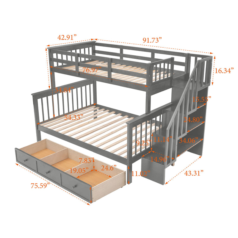 Twin Over Full Stairway Bunk Bed With Drawer, Storage And Guard Rail For Bedroom, Dorm, For Adults