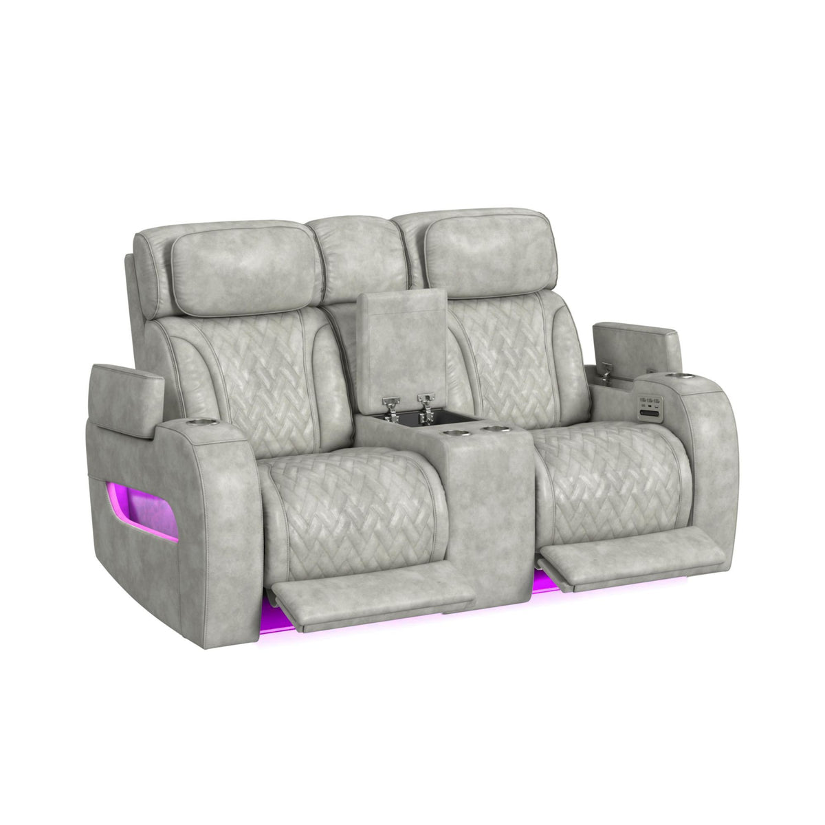 Prime Time P3 Loveseat With Console, 7 Colors Led, Cup Holders And Wireless Charger Controller in Leather Gel Light Gray by Elements International, view 15