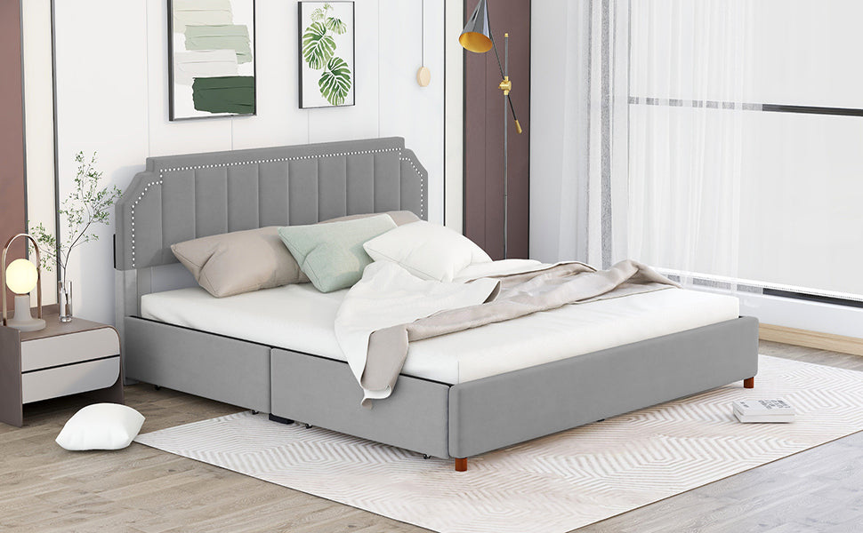 King Size Upholstery Platform Bed with Four Storage Drawers,Support Legs,Grey - Atlantic Fine Furniture Melbourne FL