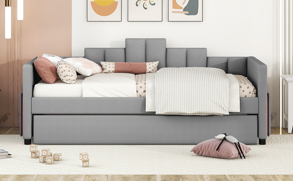 Twin Size Upholstered Daybed with Light and USB Port, Gray - Atlantic Fine Furniture Melbourne FL
