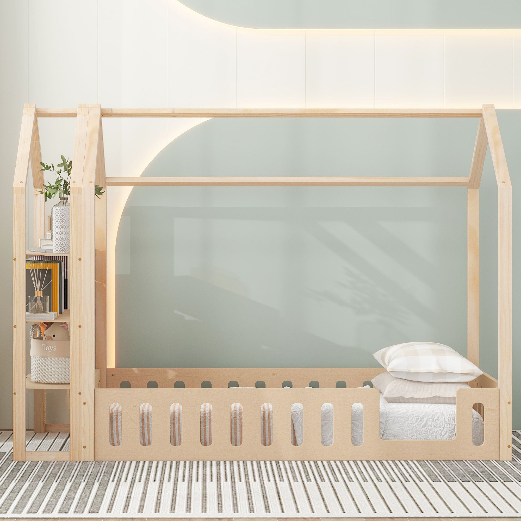 Twin Size Wood House Bed with Fence and Detachable Storage Shelves, Natural - Atlantic Fine Furniture Melbourne FL