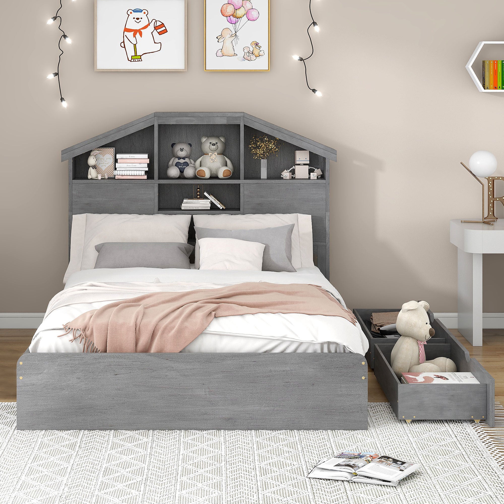 Full Size Wood Platform Bed with House-shaped Storage Headboard and 2 Drawers, Gray - Atlantic Fine Furniture Melbourne FL