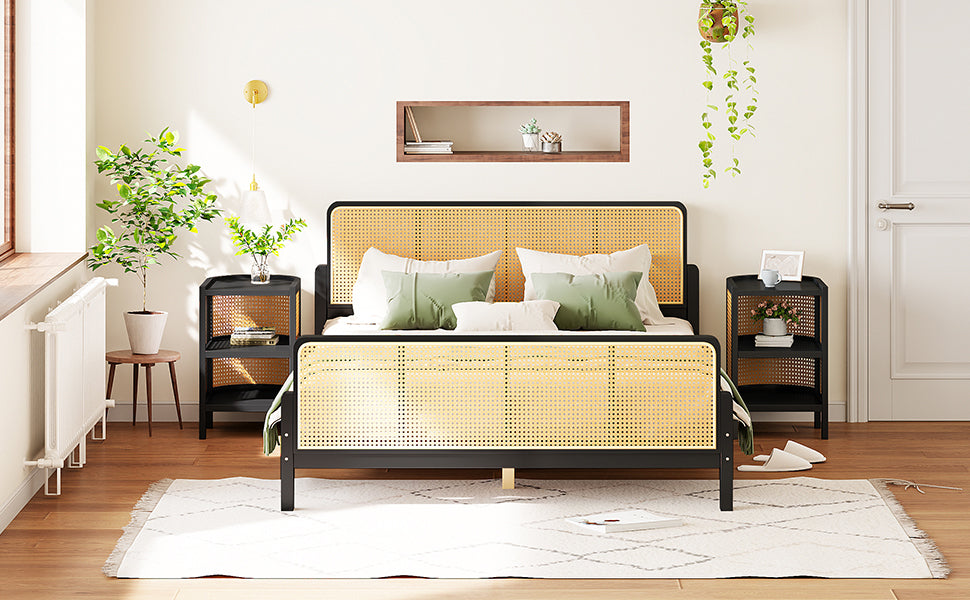 3 Pieces Rattan Platform Full Size Bed With 2 Nightstands,Espresso - Atlantic Fine Furniture Melbourne FL