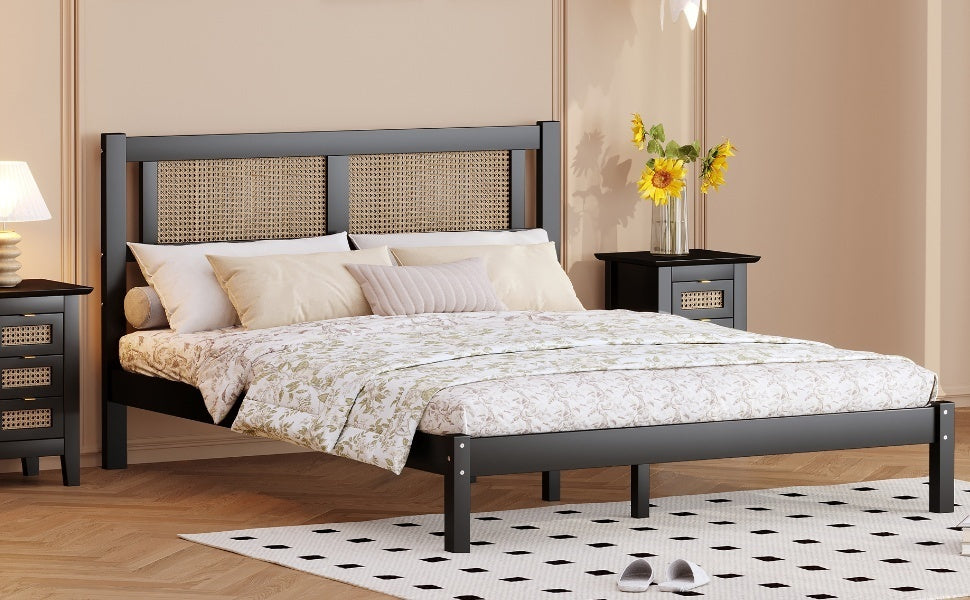Full Size Wooden Platform Bed with Natural Rattan Headboard, Exquisite Elegance with Minimalist Charm for Bedroom, Black - Atlantic Fine Furniture Melbourne FL