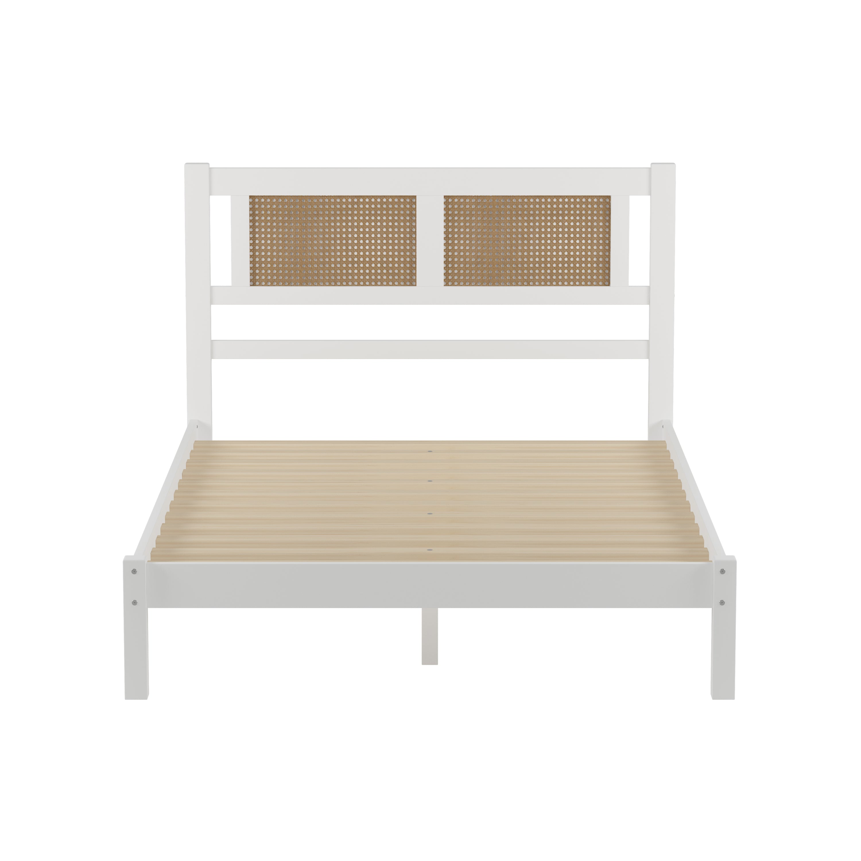 Full Size Wooden Platform Bed with Natural Rattan Headboard, Exquisite Elegance with Minimalist Charm for Bedroom, White