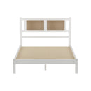 Full Size Wooden Platform Bed with Natural Rattan Headboard, Exquisite Elegance with Minimalist Charm for Bedroom, White