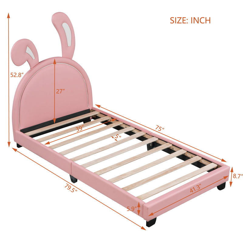 Upholstered Leather Platform Bed With Rabbit Ornament