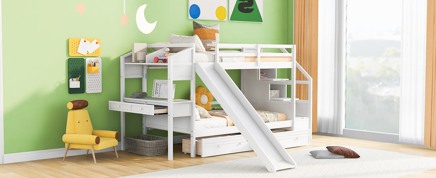 Twin over Twin Bunk Bed with Storage Staircase, Slide and Drawers, Desk with Drawers and Shelves, White - Atlantic Fine Furniture Melbourne FL
