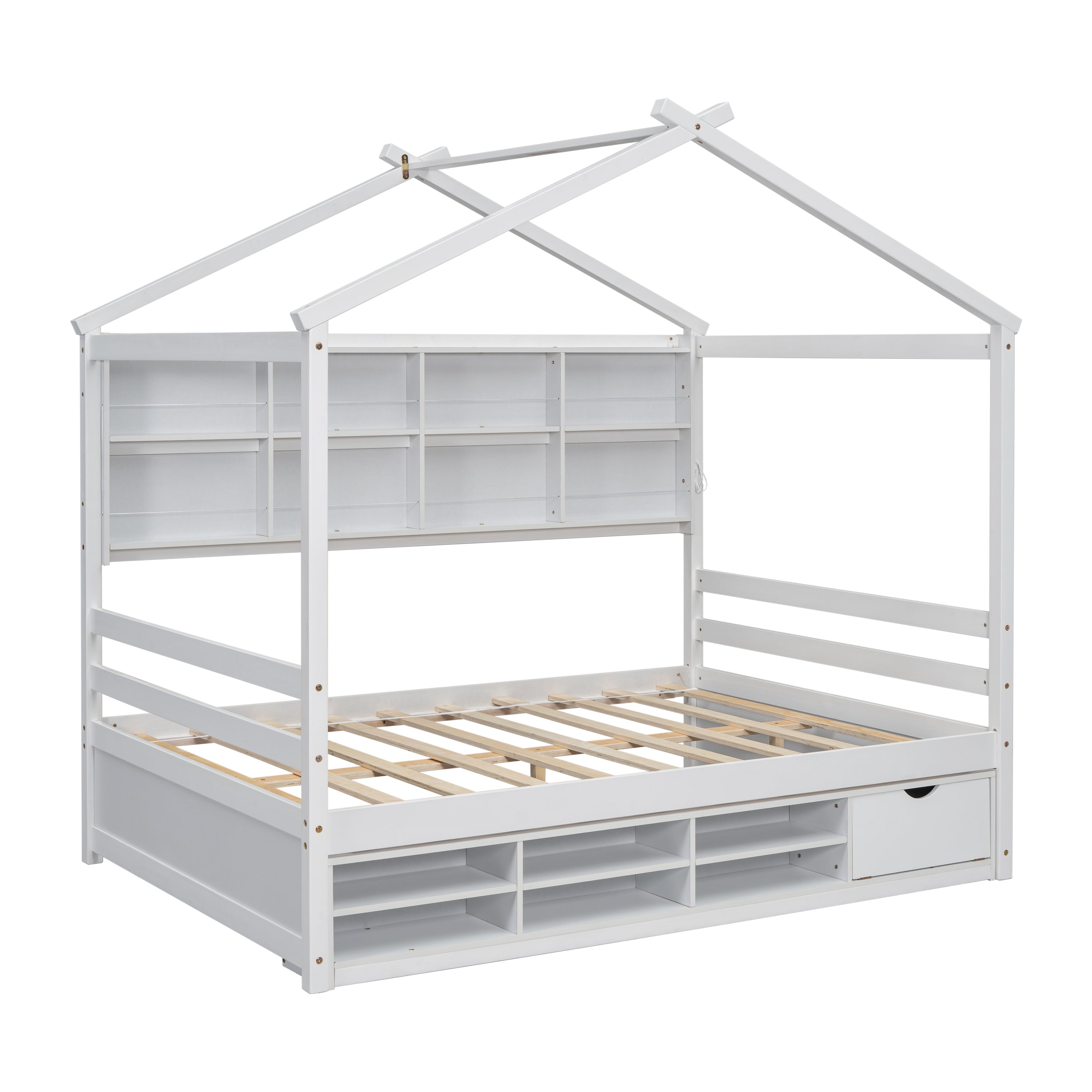 Full House Bed with Roof Frame, Bedside-shelves, Under Bed Storage Unit,White - Atlantic Fine Furniture Melbourne FL