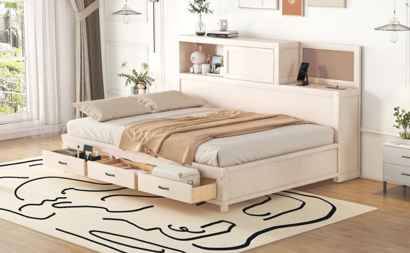 Full Size Wooden Daybed with 3 Storage Drawers, Upper Soft Board, shelf, and a set of Sockets and USB Ports, White