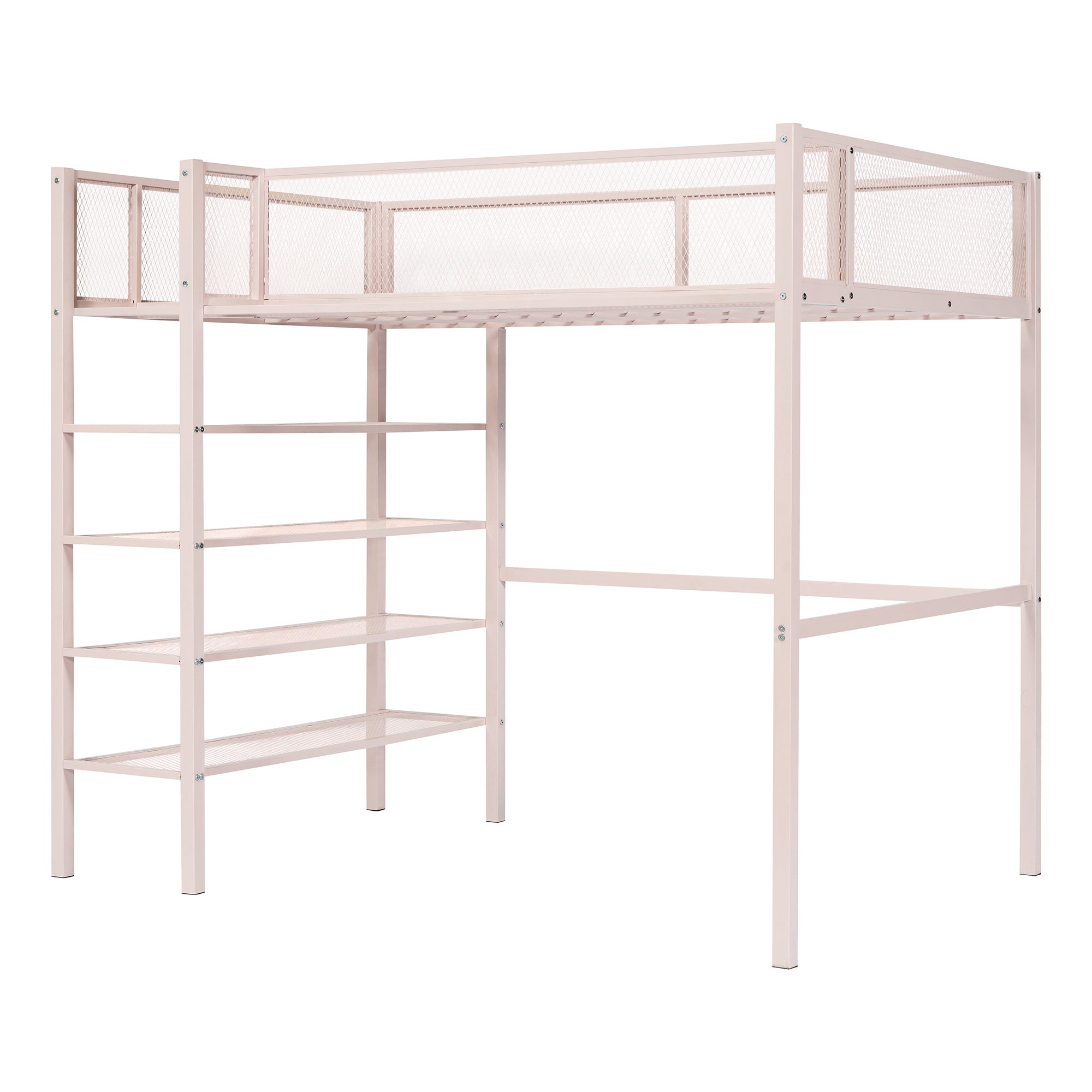 Twin Size Metal Loft Bed with 4-Tier Shelves and Storage, Pink - Atlantic Fine Furniture Melbourne FL