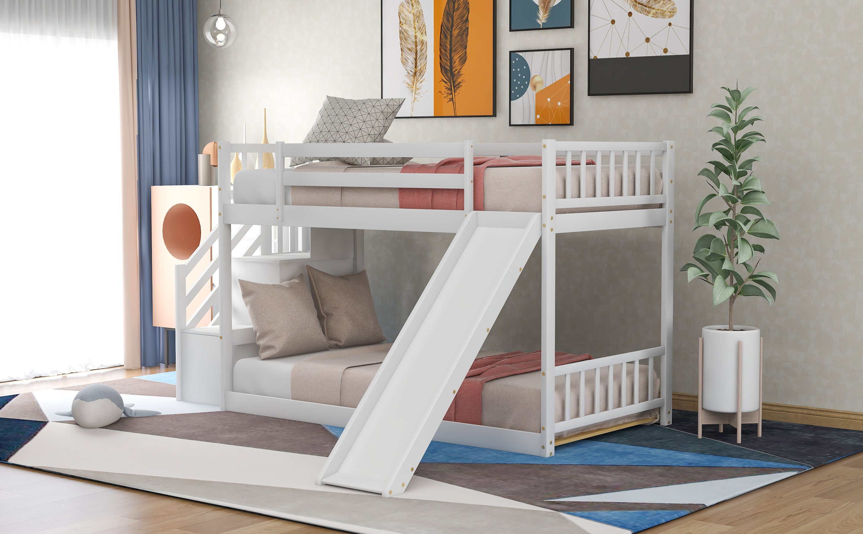 Twin over Twin Bunk Bed with Convertible Slide and Stairway, White - Atlantic Fine Furniture Melbourne FL
