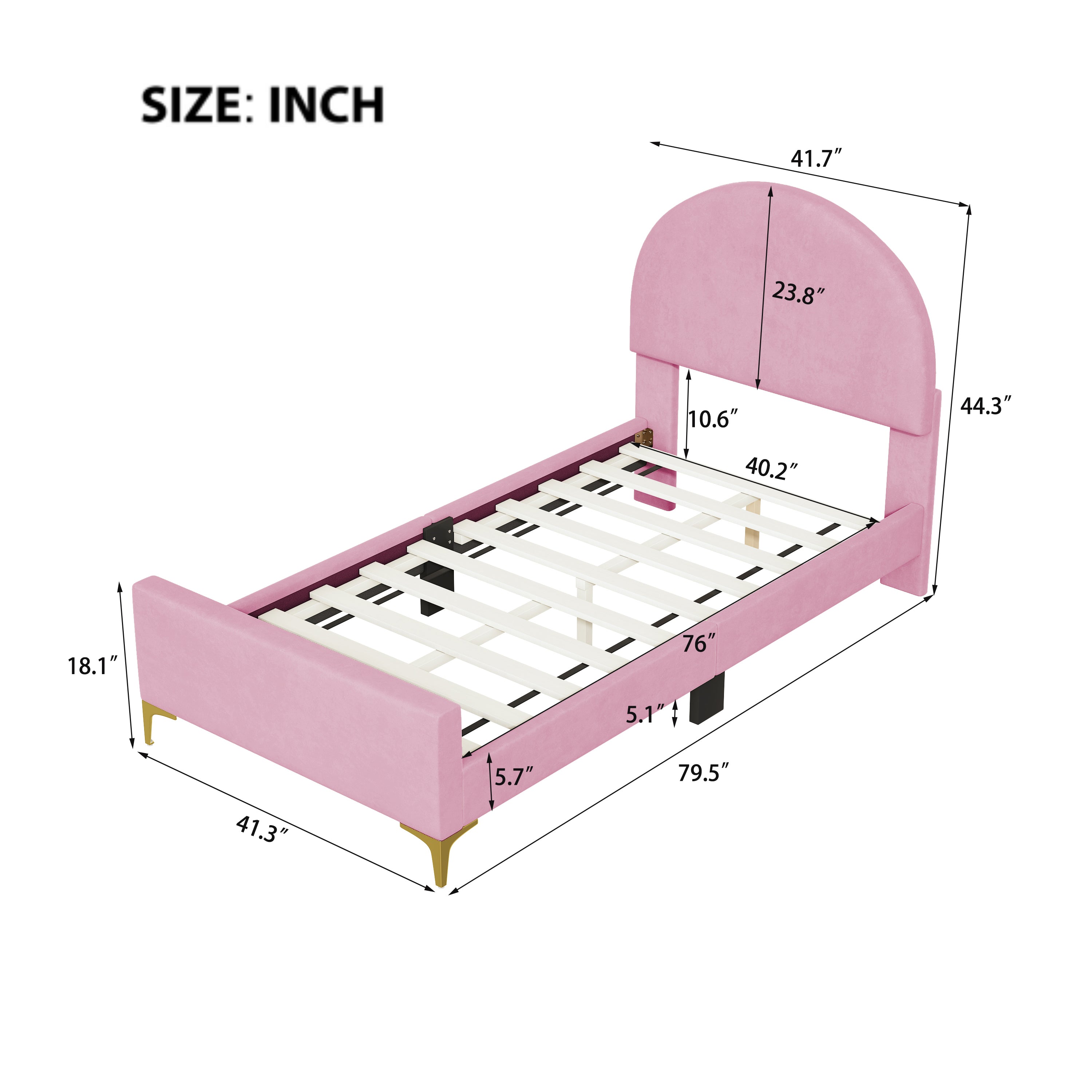 Twin Size Upholstered Platform Bed with Classic Semi-circle Shaped headboard and Mental Legs, Velvet, Pink - Atlantic Fine Furniture Melbourne FL