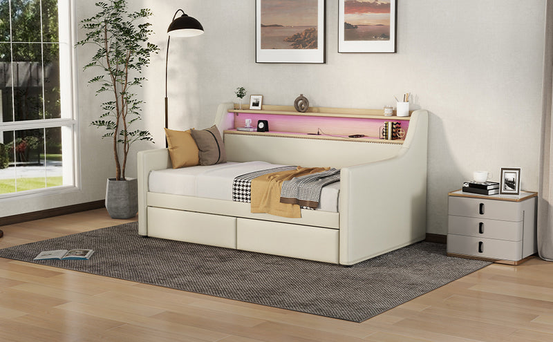 Twin Size Daybed with Storage Drawers, Upholstered Daybed with Charging Station and LED Lights, Beige (Expect arrive date: December 30th.)