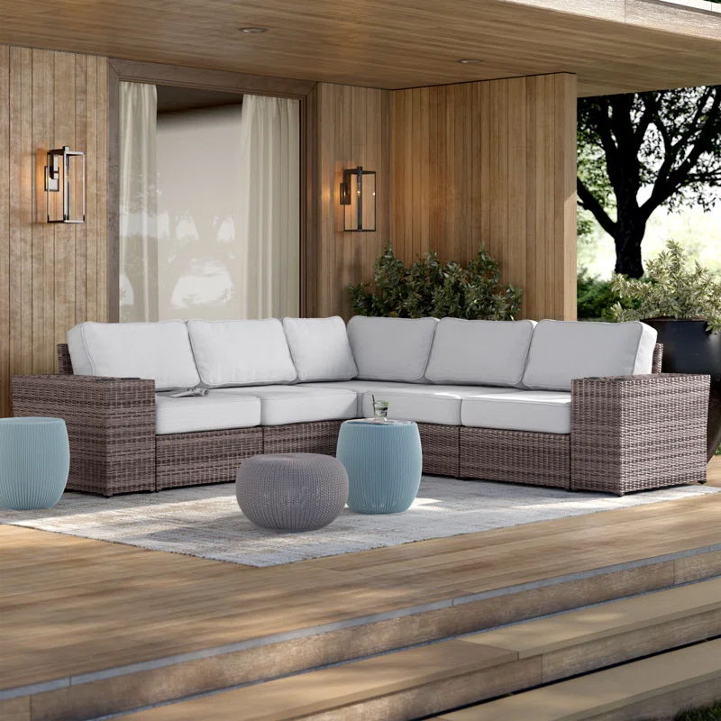 Wide Reversible Outdoor Sectional Sofa With Cushions - Brown / Gray