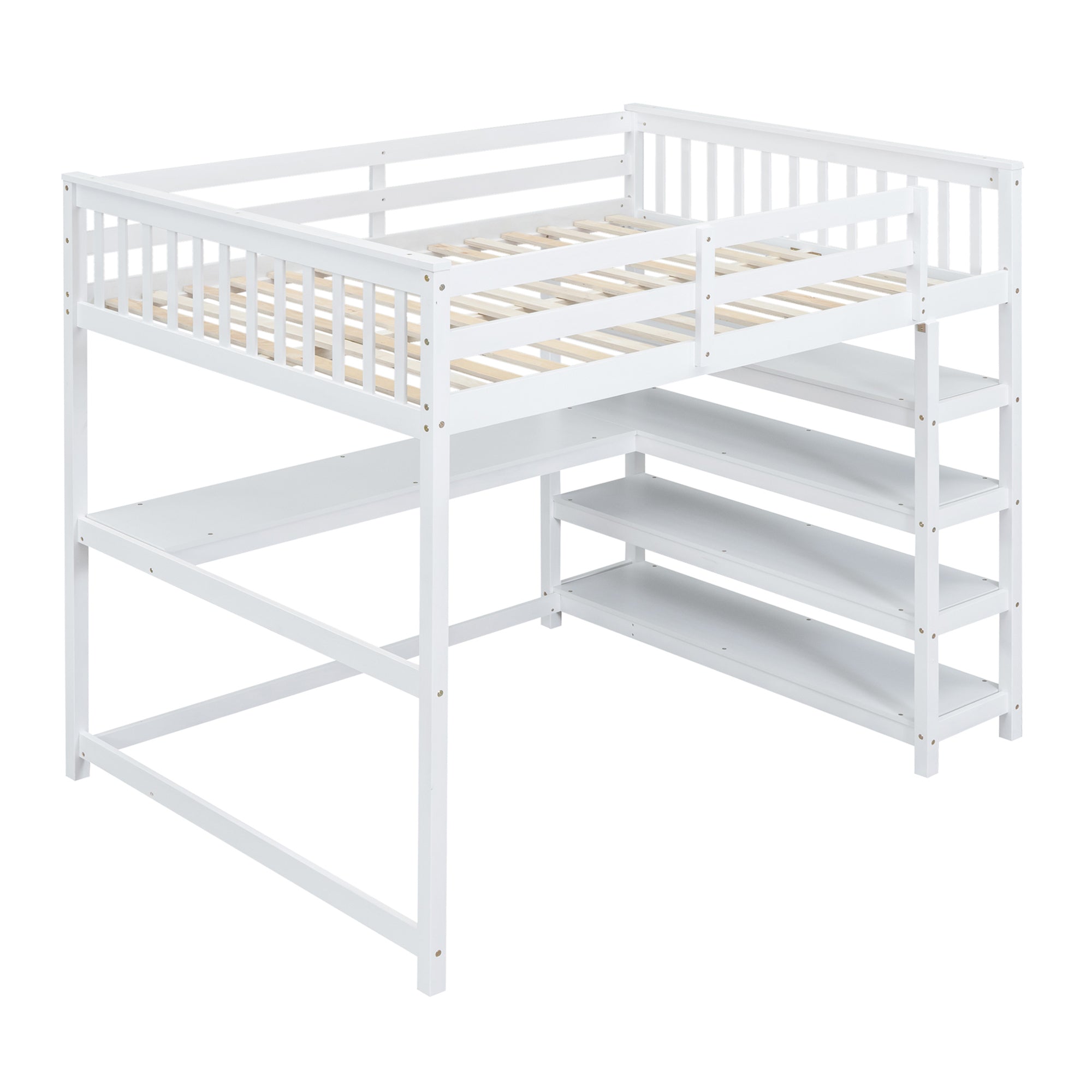 Full Size Loft Bed with Storage Shelves and Under-bed Desk, White