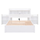 Full Size Storage Platform Bed with Pull Out Shelves, Twin Size Trundle and 2 Drawers, White