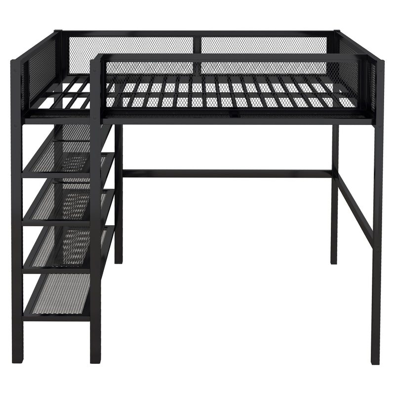Full Size Metal Loft Bed with 4-Tier Shelves and Storage, Black