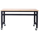 Wide Rolling Workbench For Garage, Adjustable Height, Workshop Tool Bench, Metal With Rubber Wood Top